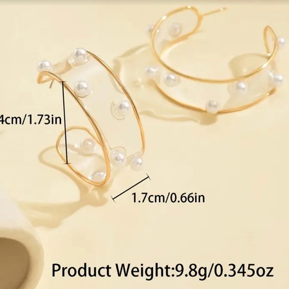 NWOT, acrylic, gold tone and faux pearls modern, open hoop earrings. - Picture 2 of 4